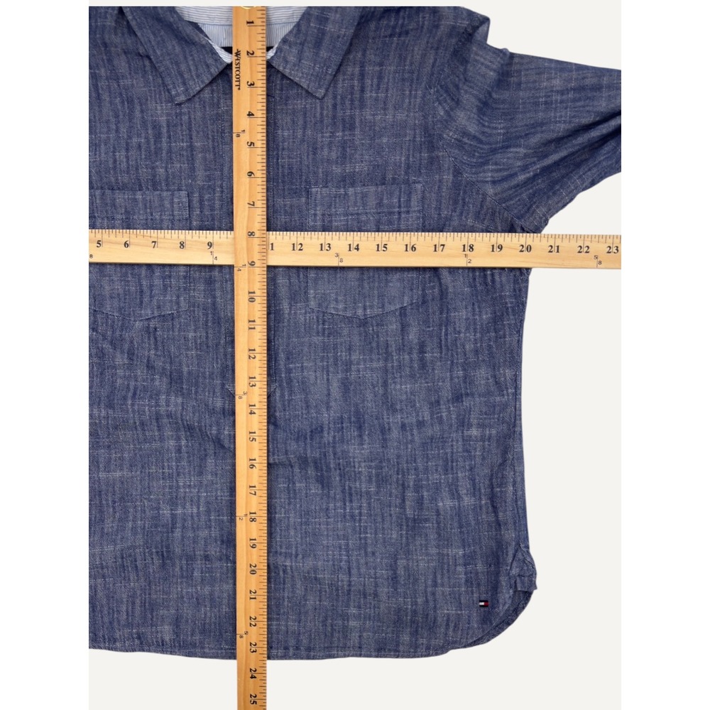 Chambray Quarter Zip Tommy Hilfiger Blue Cotton Pullover Shirt Size M Hamptons - Picture 13 of 13